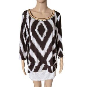 Chico's Travelers Dark Brown White Angled Striped Beaded Neck Top Size 3